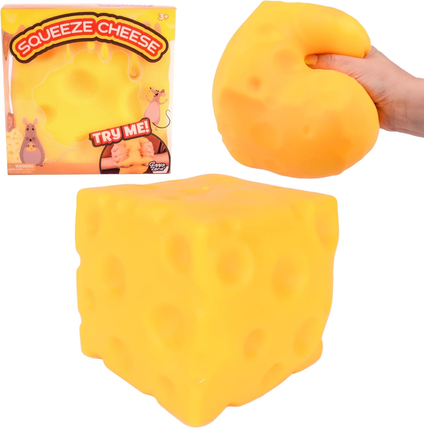 Sunny Days Squeeze Cheese, a yellow silicone cube with rounded holes across every face, shown crushed in one hand next to its box