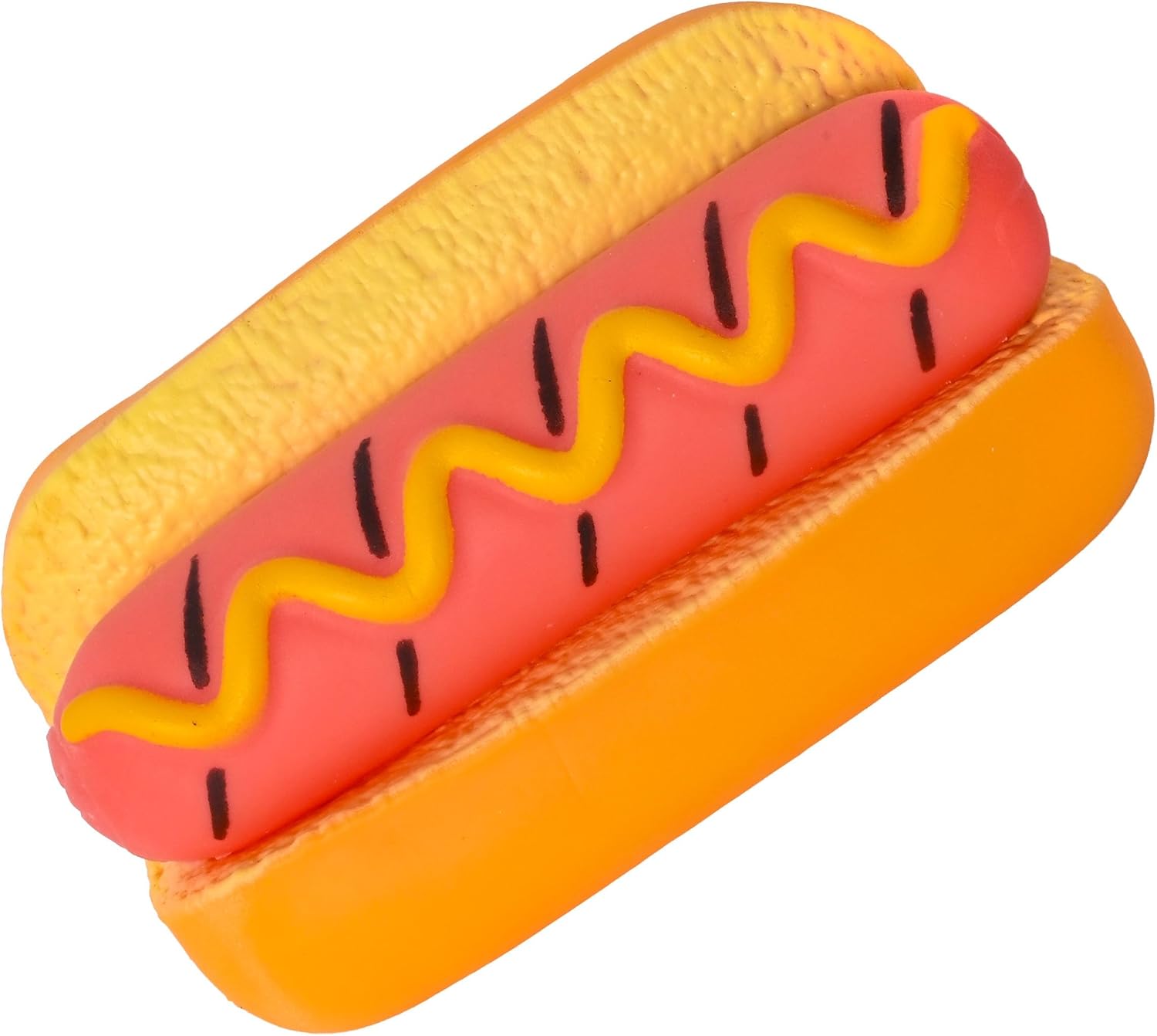 Toymendous Hot Dog Squish with the bun split into two halves around a pink sausage carrying a raised yellow mustard zigzag and dark grill lines