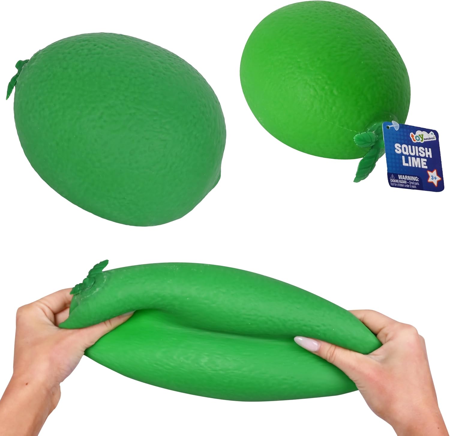 Toymendous Squish Lime, a round pebbled green lime with a small leaf at the stem, shown at rest and pulled long between two hands