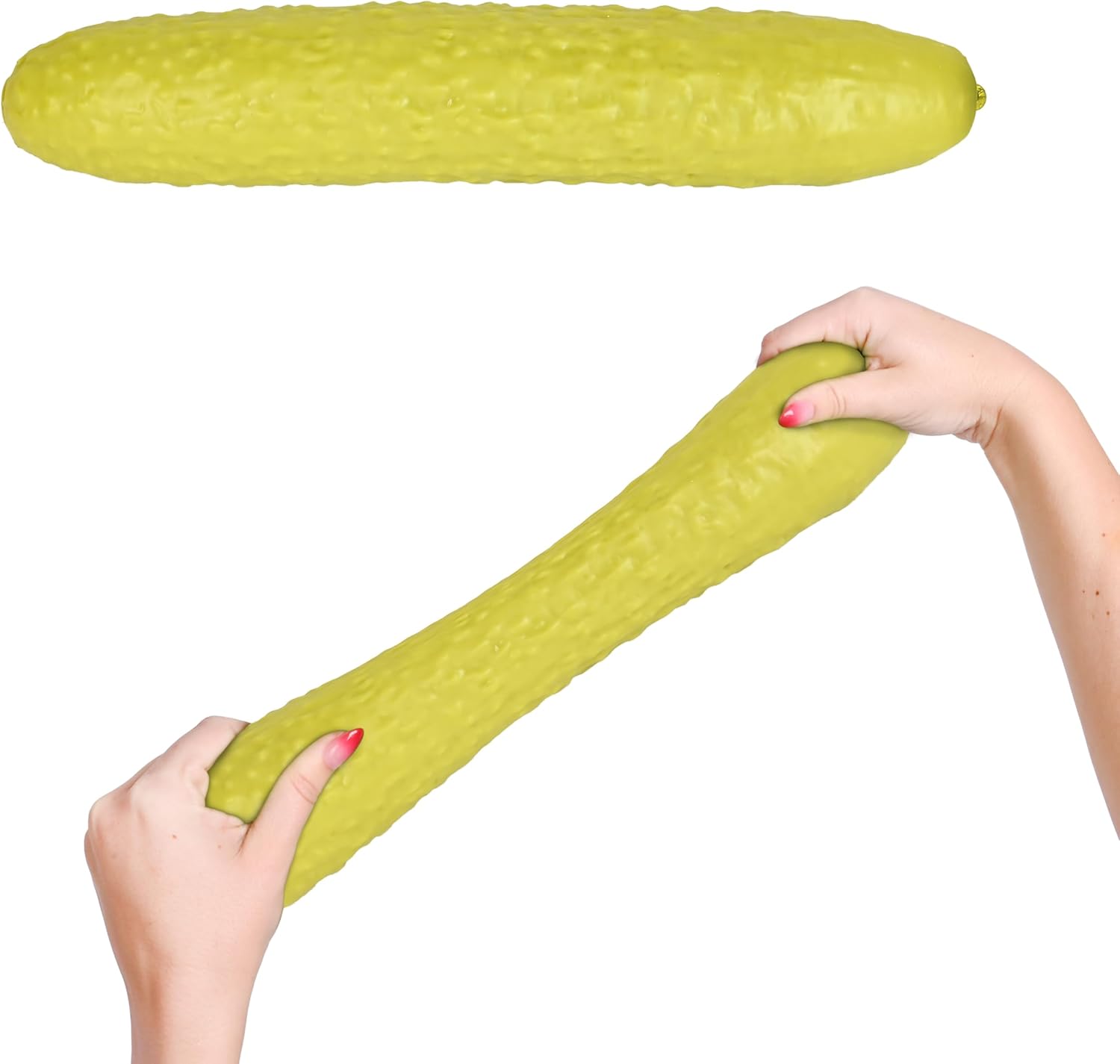 Toymendous 12-inch Jumbo Squishy Pickle, a bumpy yellow-green pickle shown at rest and stretched long between two hands