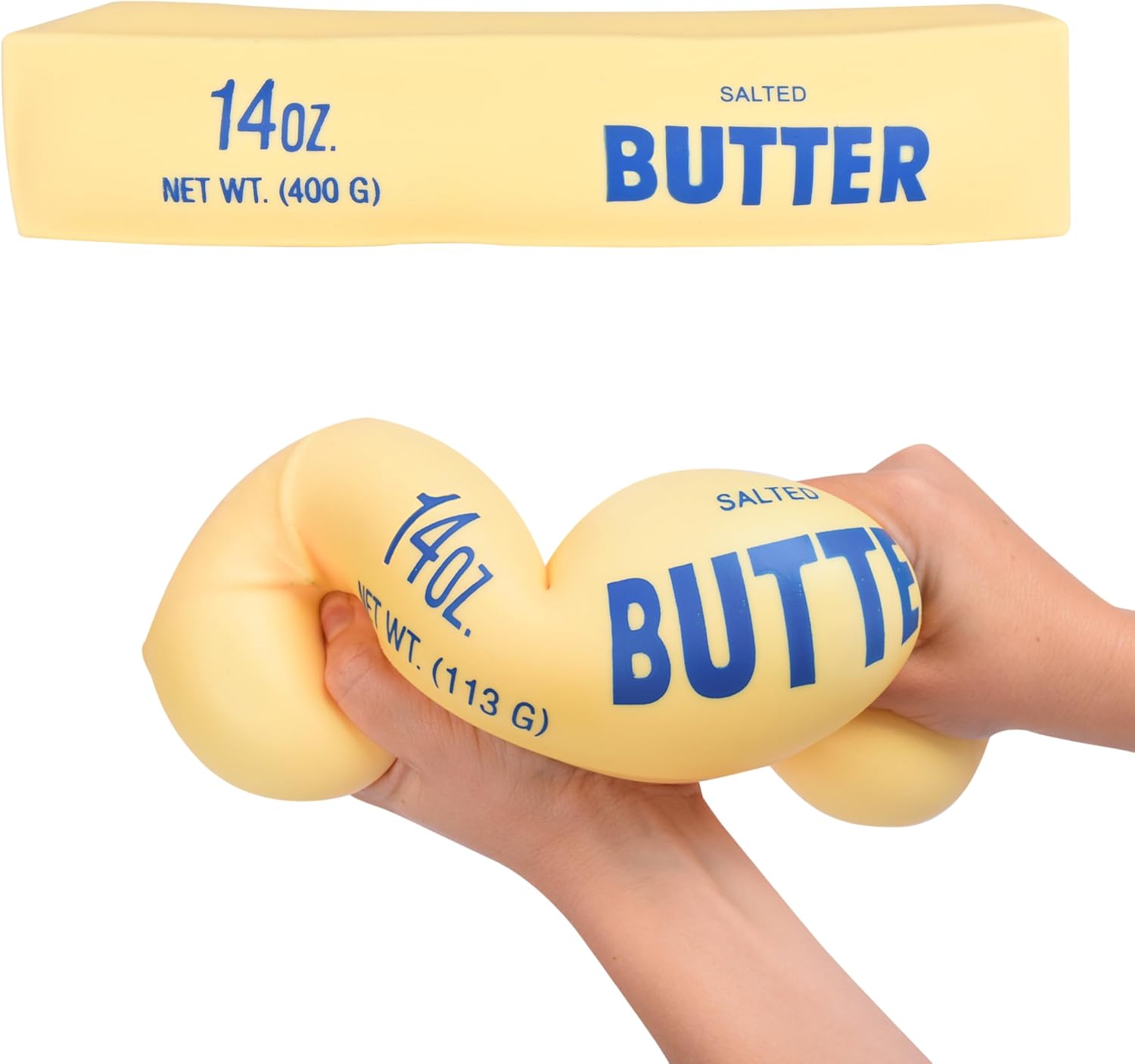 Toymendous Squeeze Butter, a pale yellow slab printed SALTED BUTTER 14 OZ in blue, shown twisted and bulging around a hand
