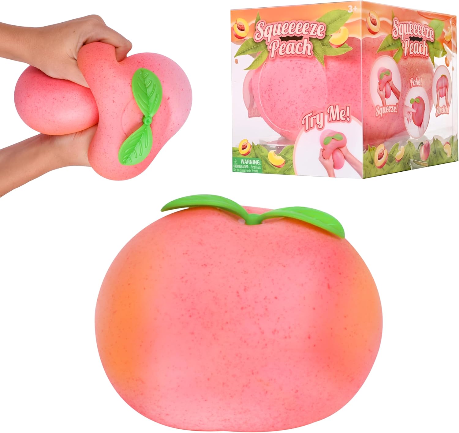 Toymendous Squeeze Peach, a pink speckled squishy peach with a two-leaf green top, pinched into an hourglass shape in one hand beside its box