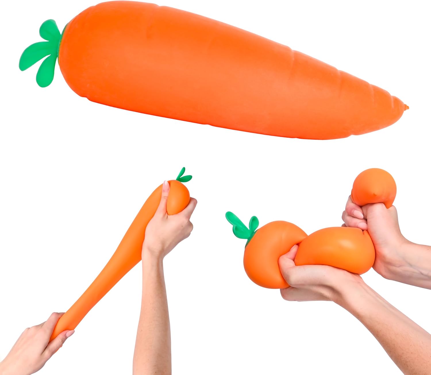 Toymendous Squishy Carrot, an orange squishy carrot with a green leafy top, shown at rest, stretched into a thin rope and squashed into a ball