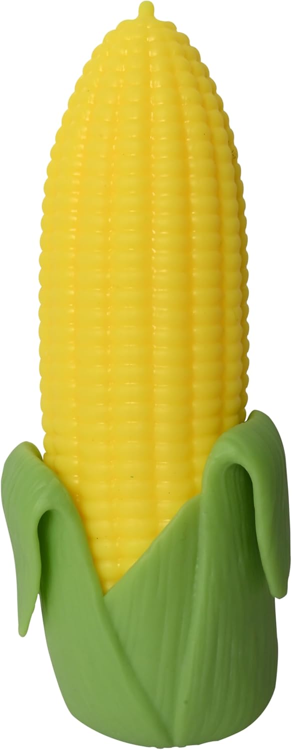 Toymendous Squishy Corn, a yellow ridged cob sitting inside a separate green husk that folds down around the base